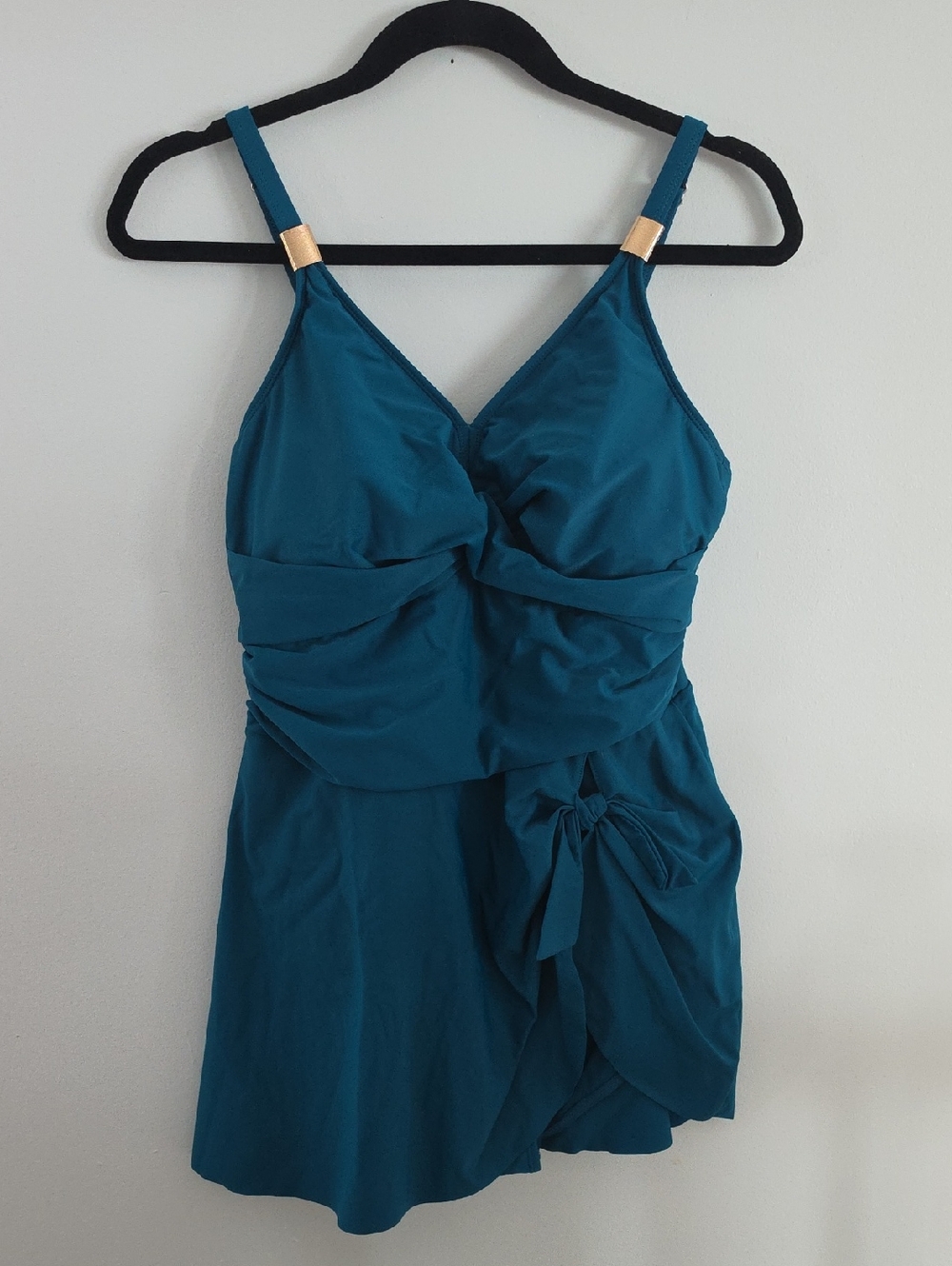 Teal Twist-Front Swimdress with Gold Accent